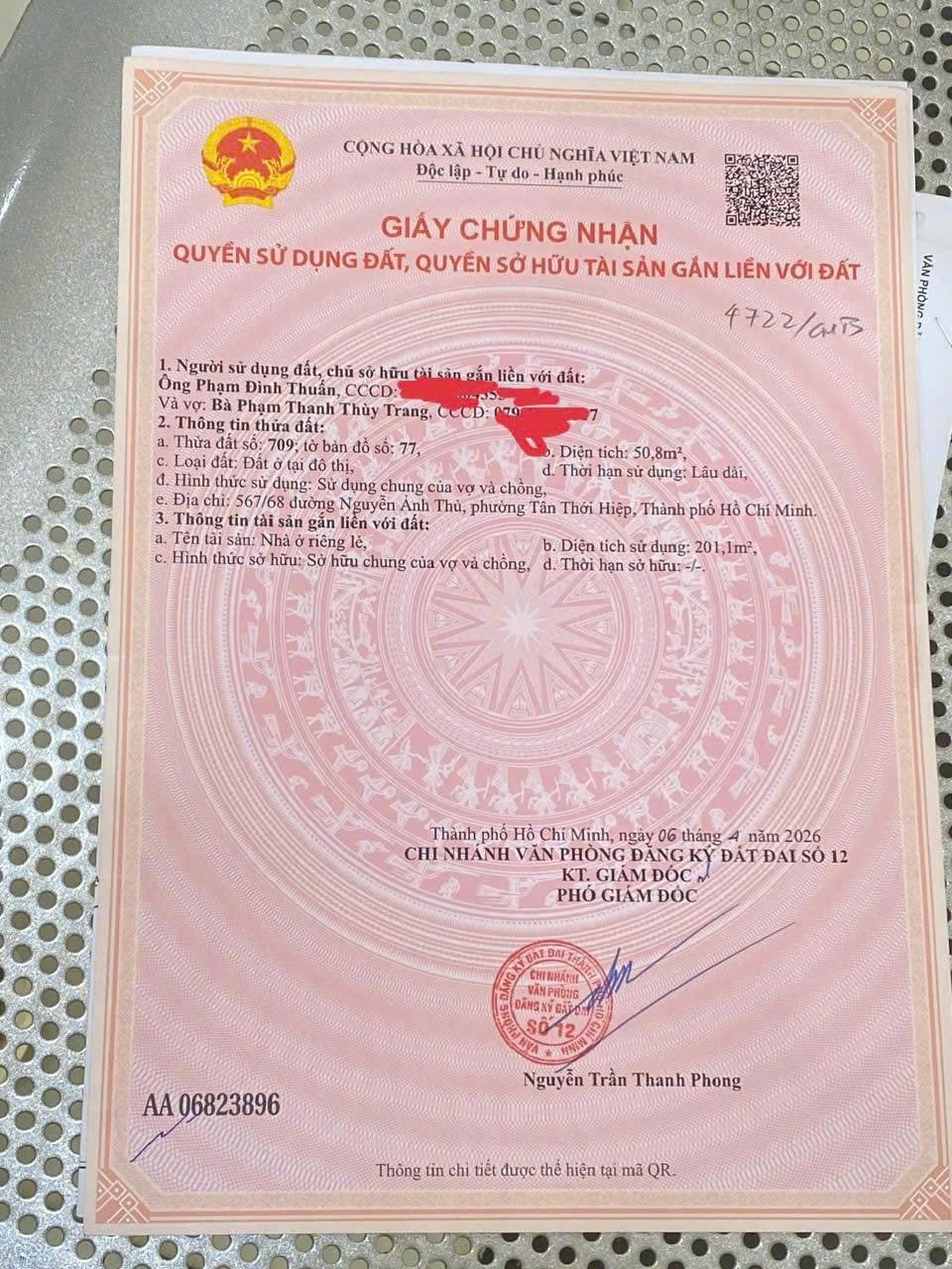 Sổ Hồng Trang 1 - Bán nhà đường Nguyễn Ảnh Thủ